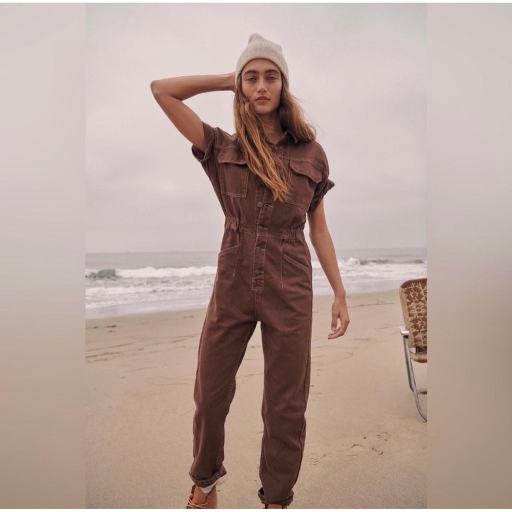 Free People We The Free Cotton Denim Utility Jumpsuit Brown Boiler Suit Womens M